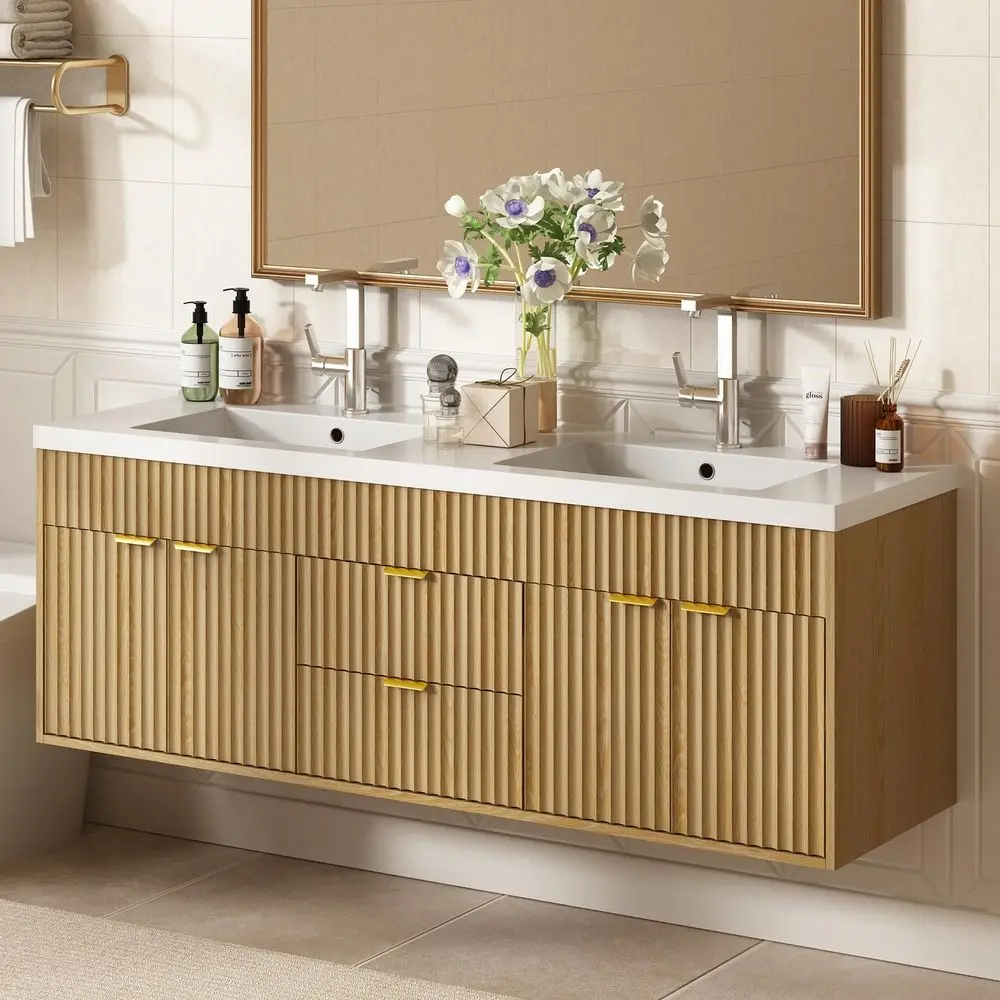 60 Inch Bathroom Vanity with Sink, Modern Fluted Large Double Sink Bathroom Vanity with Sink with 2 Storage Cabinets, Adjustabl
60 Inch Bathroom Vanity with Sink, Modern Fluted Large Double Sink Bathroom Vanity with Sink with 2 Storage Cabinets, Adjustabl