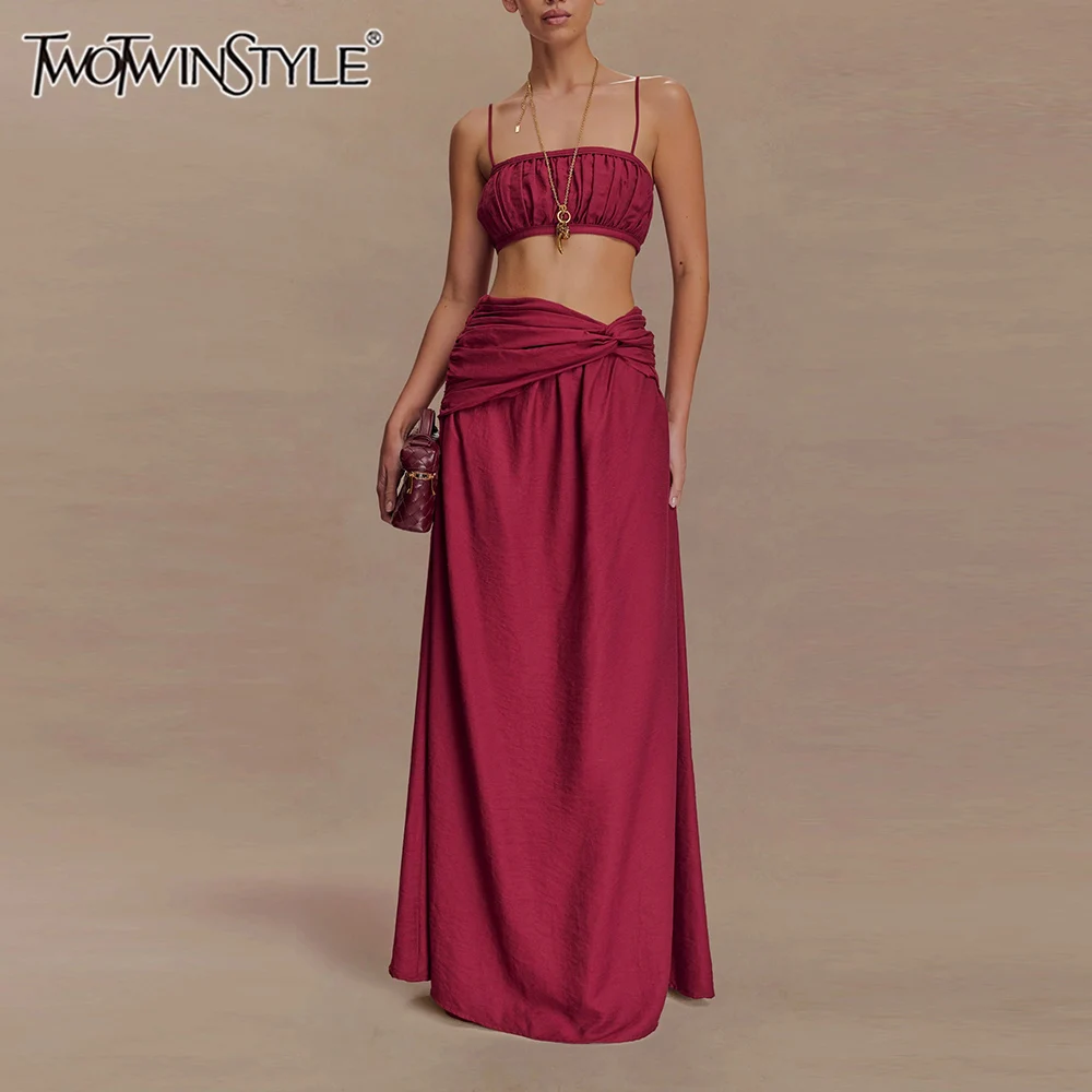 TWOTWINSTYLE Solid Patchwork Folds Two Piece Set for Women Square Neck Sleeveless Top High Waist Skirt Sets Female New
TWOTWINSTYLE Solid Patchwork Folds Two Piece Set for Women Square Neck Sleeveless Top High Waist Skirt Sets Female New