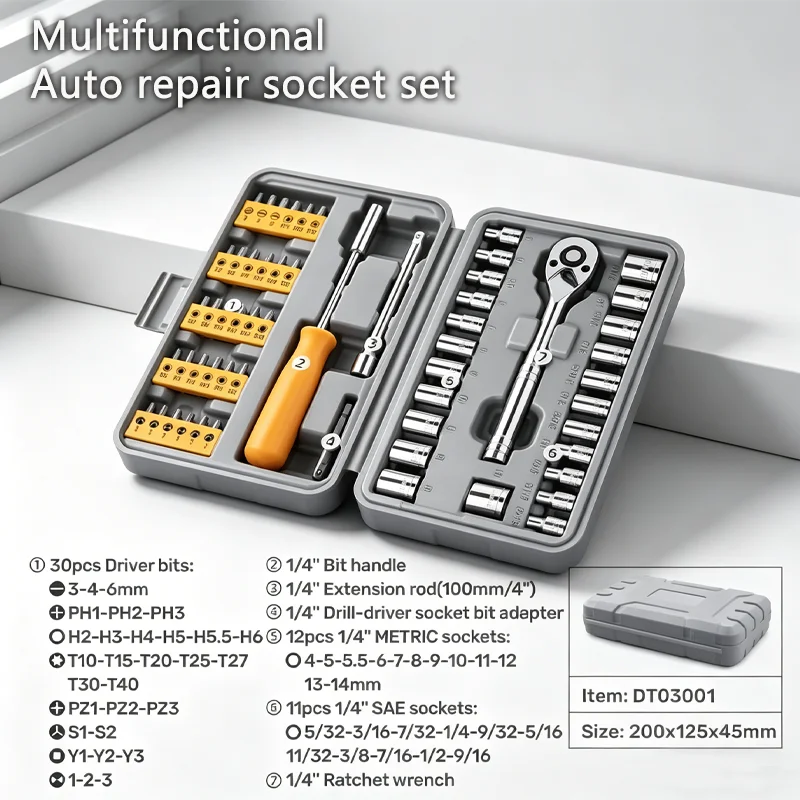57Pieces 1/4 Inch Drive Socket Ratchet Wrench Set, With Bit Socket Set, Metric And Extension Bar For Auto Repairing
57Pieces 1/4 Inch Drive Socket Ratchet Wrench Set, With Bit Socket Set, Metric And Extension Bar For Auto Repairing