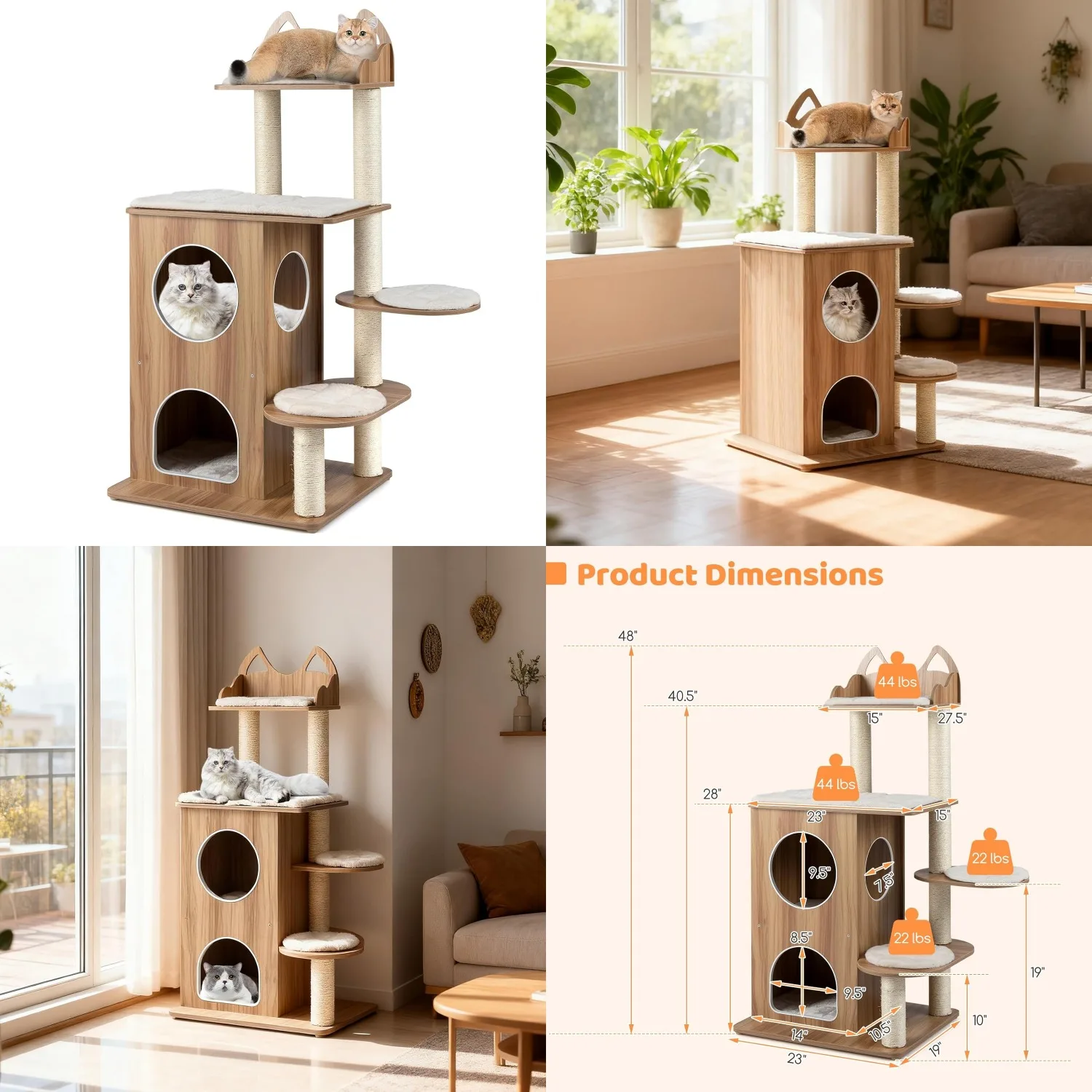 48-inch Wooden Cat Tree, Multi-Level Modern Cat Tower with Sisal Scratching Posts, Double-Layer Condo, Cute Top, Customized
48-inch Wooden Cat Tree, Multi-Level Modern Cat Tower with Sisal Scratching Posts, Double-Layer Condo, Cute Top, Customized