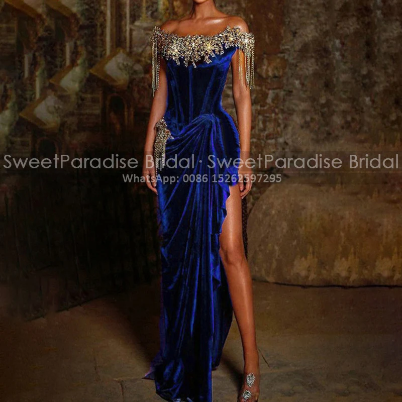 Heavily Beaded Tassel Evening Dress Ruffles High Split Mermaid Customized Off Shoulder Stretchy Velvet Long Party Dresses
Heavily Beaded Tassel Evening Dress Ruffles High Split Mermaid Customized Off Shoulder Stretchy Velvet Long Party Dresses