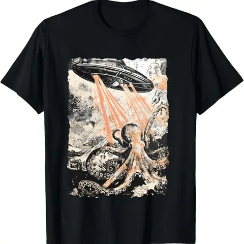 Men'S Vintage Alien Octopus UFO Extraterrestrial Graphic T-Shirt - Retro Flying Saucer & Cthulhu Design