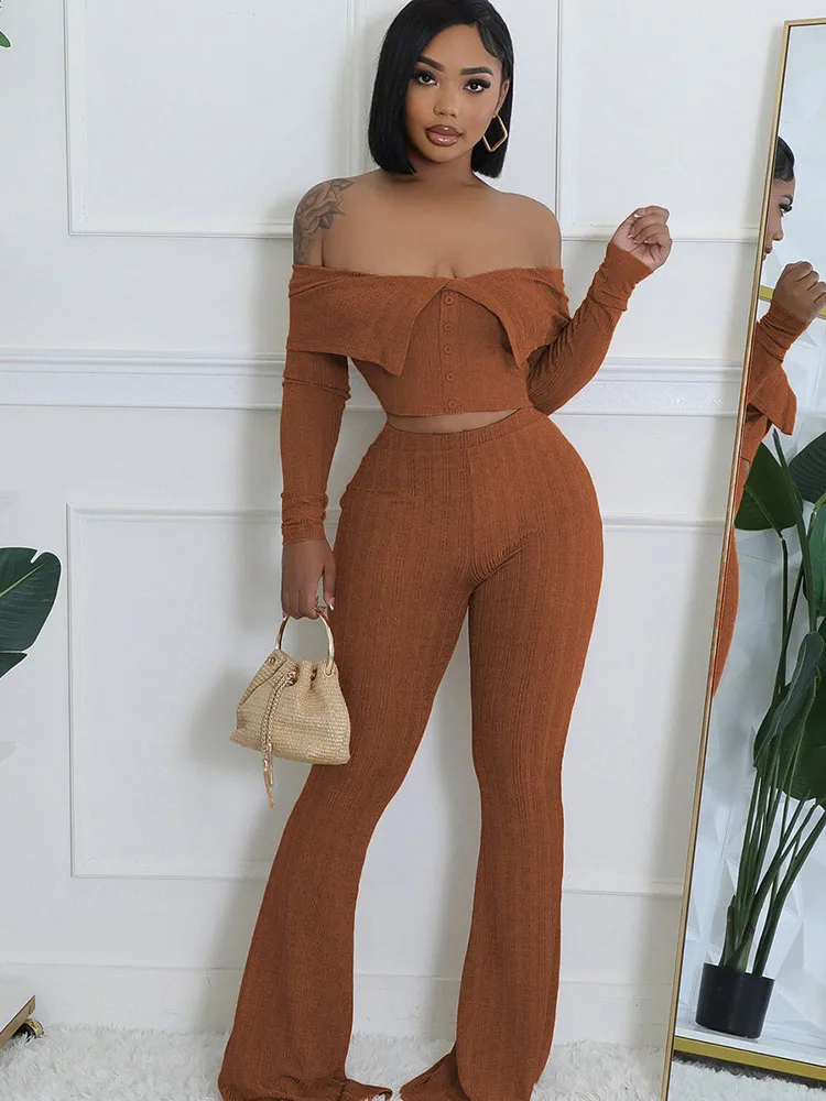Knitted Two Piece Set for Women Birthday Outfits Off the Shoulder Slash Neck Crop Top and Flare Pants Set Conjuntos Femininos
Knitted Two Piece Set for Women Birthday Outfits Off the Shoulder Slash Neck Crop Top and Flare Pants Set Conjuntos Femininos