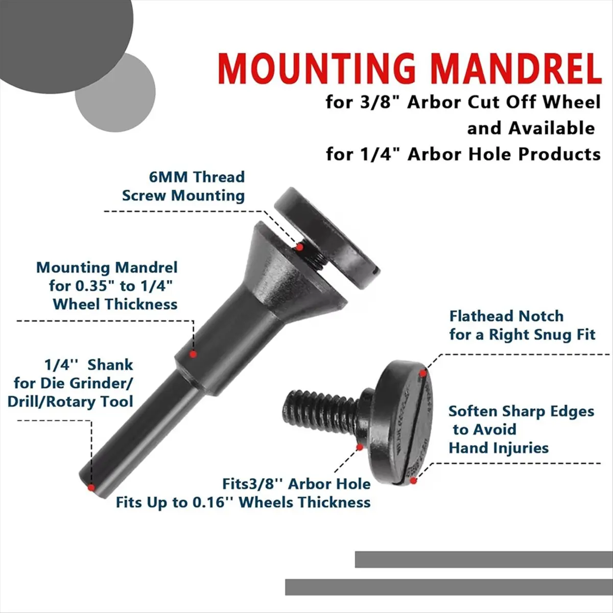 (AIMA) Cut-Off Wheel Mounting Mandrel 3/8 Inch & 1/4inch Arbor Hole with 1/4inch, Shaft Stem for Die Grinder Accessories, 3Pack
(AIMA) Cut-Off Wheel Mounting Mandrel 3/8 Inch & 1/4inch Arbor Hole with 1/4inch, Shaft Stem for Die Grinder Accessories, 3Pack