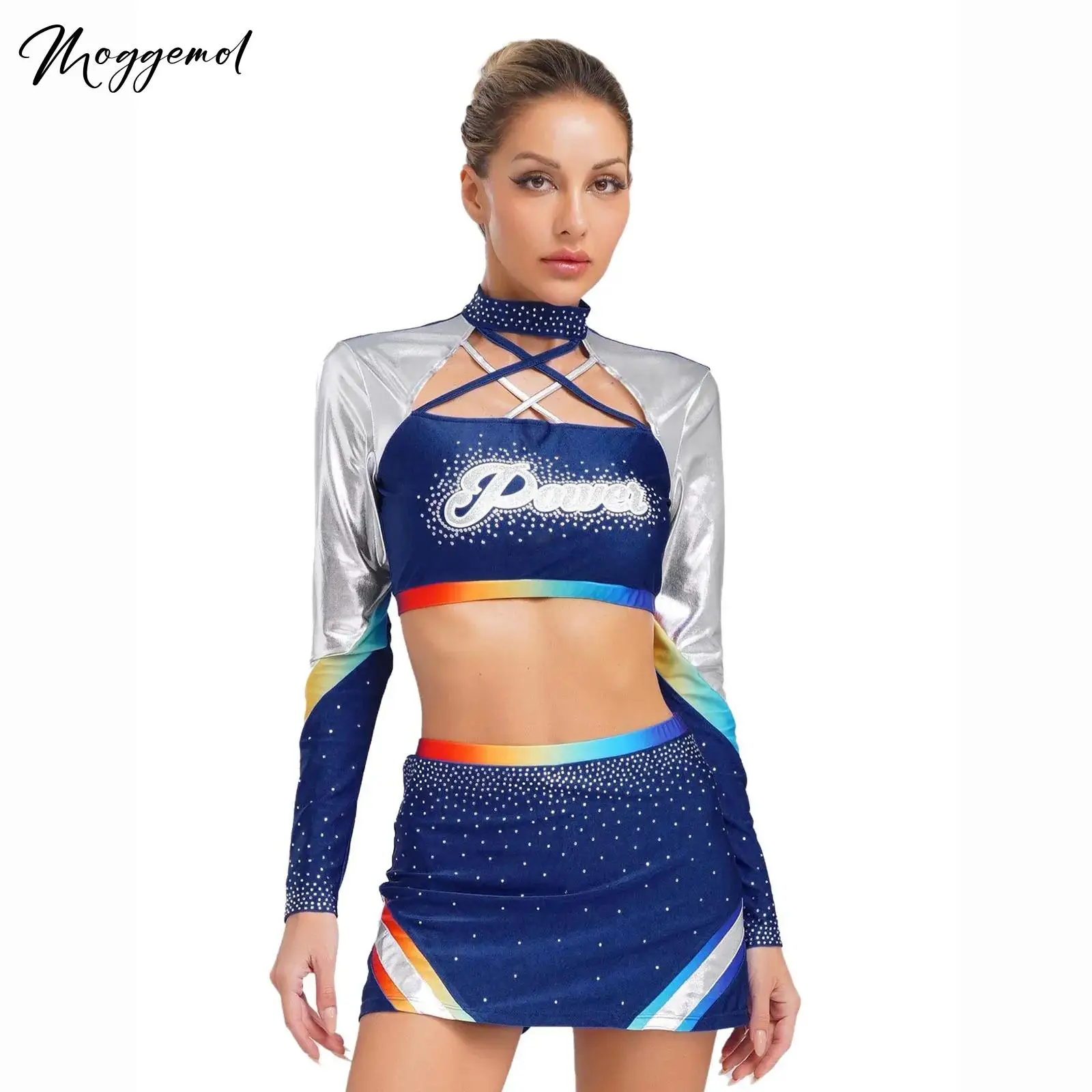 Womens Cheerleader Cosplay Costume Sets Long Sleeves Cross Straps Crop Tops with Skirt Rhinestone Cheerleading Uniform Dancewear 
Womens Cheerleader Cosplay Costume Sets Long Sleeves Cross Straps Crop Tops with Skirt Rhinestone Cheerleading Uniform Dancewear