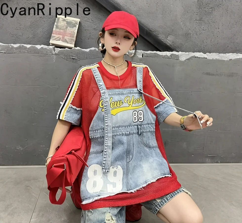 American Street New Summer Women Loose Short Sleeve T-shirt Faux Two-piece Hollow Denim Splicing Round Neck Pullover Casual Tops
American Street New Summer Women Loose Short Sleeve T-shirt Faux Two-piece Hollow Denim Splicing Round Neck Pullover Casual Tops