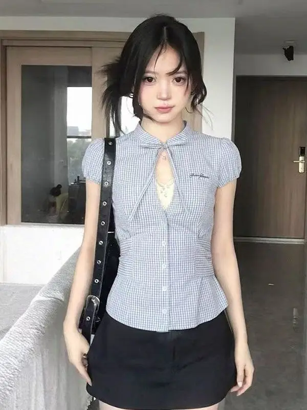 Summer New Style Women's Plaid Shirt Knot Hollow out Short Sleeve Waist Cinching Top Commute Blue Checkered Korean Fit
Summer New Style Women's Plaid Shirt Knot Hollow out Short Sleeve Waist Cinching Top Commute Blue Checkered Korean Fit