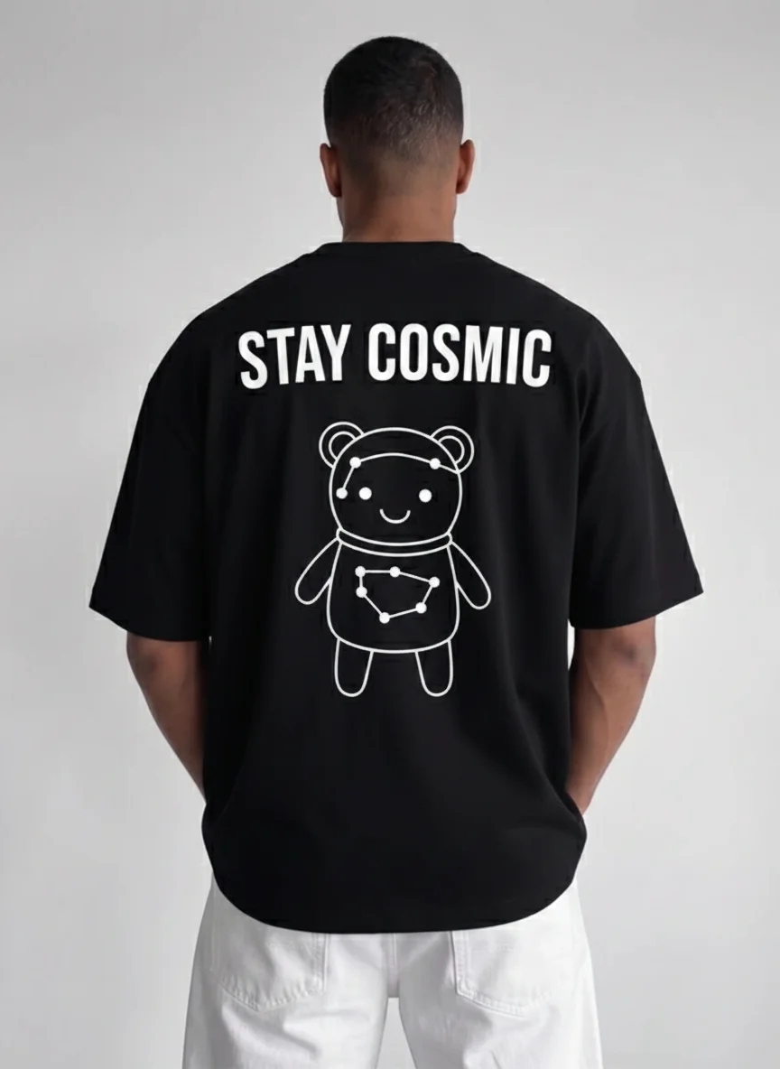 Black Cosmic Bear Graphic Tee Printed Tee with Constellation Astronaut Illustration and Bold Text on the Back Stay Cosmic Casual Wear
Black Cosmic Bear Graphic Tee Printed Tee with Constellation Astronaut Illustration and Bold Text on the Back Stay Cosmic Casual Wear
