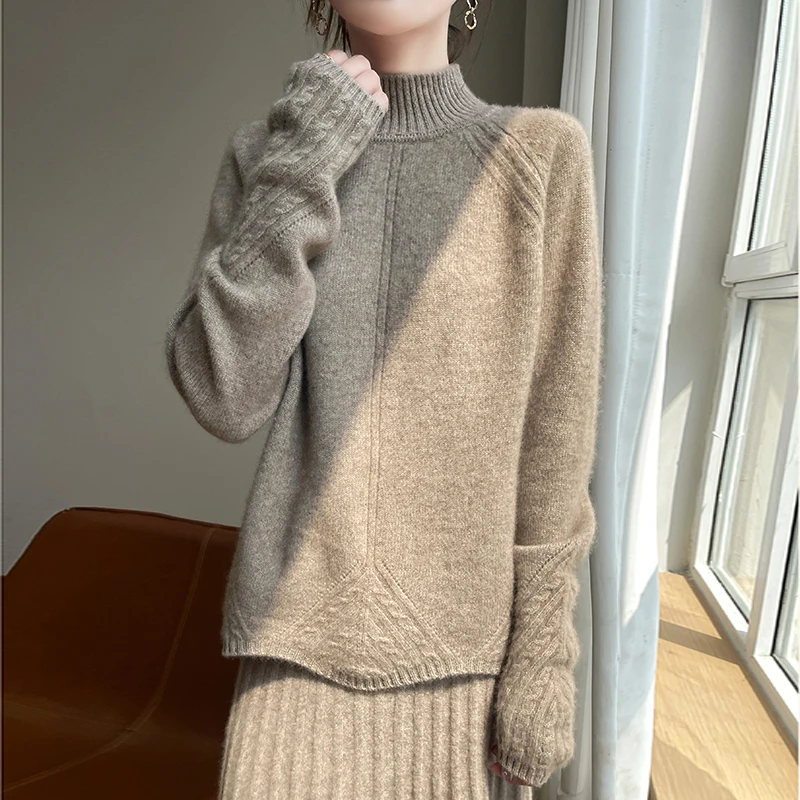 Женский утолщенный вязаный свитер из 100% шерсти, осень-зима, жаккардовый свитер с узором подковы, с длинным рукавом, полувысокий ленивый стиль
Женский утолщенный вязаный свитер из 100% шерсти, осень-зима, жаккардовый свитер с узором подковы, с длинным рукавом, полувысокий ленивый стиль