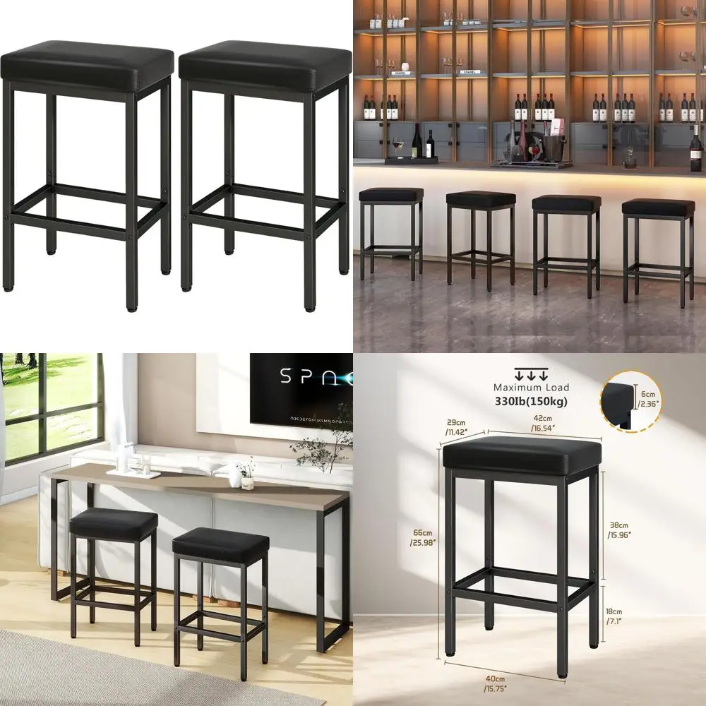 Pair of 26 Counter Height Bar Stools, Black Leather Kitchen Stools with Thick Upholstery and Metal Base
Pair of 26 Counter Height Bar Stools, Black Leather Kitchen Stools with Thick Upholstery and Metal Base