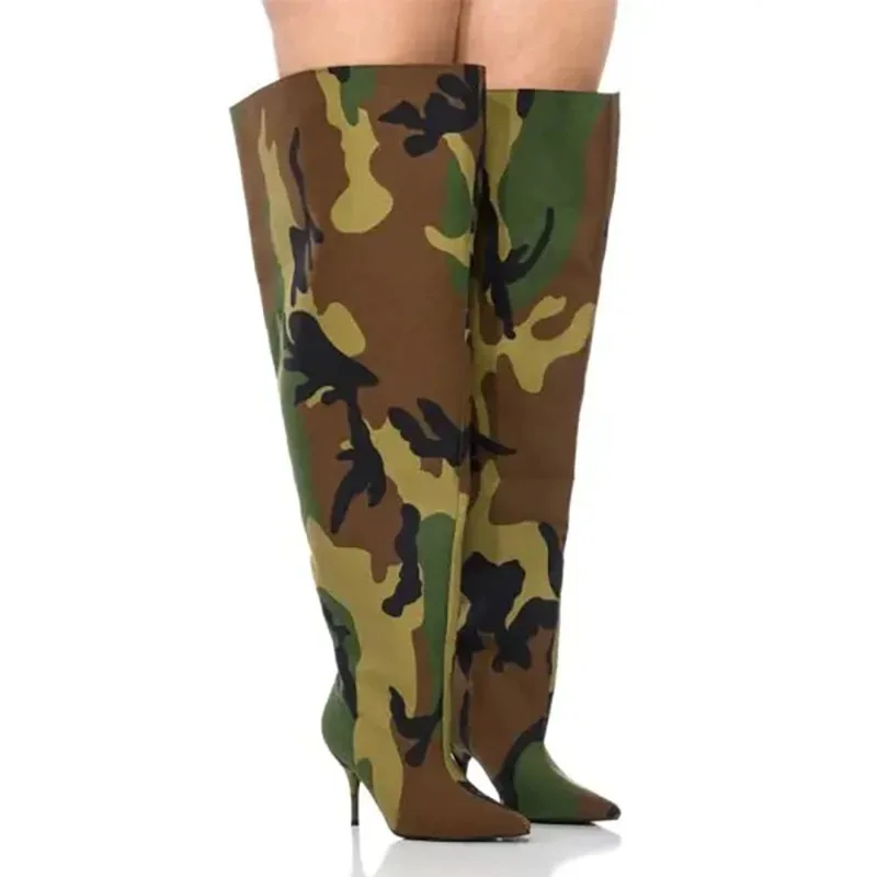 Fashion Camouflage Cloth Slip On Thick Top Thigh Boots Woman Pointed Toe Over The Knee Boots Fuchsia Green Runway Boots 
Fashion Camouflage Cloth Slip On Thick Top Thigh Boots Woman Pointed Toe Over The Knee Boots Fuchsia Green Runway Boots