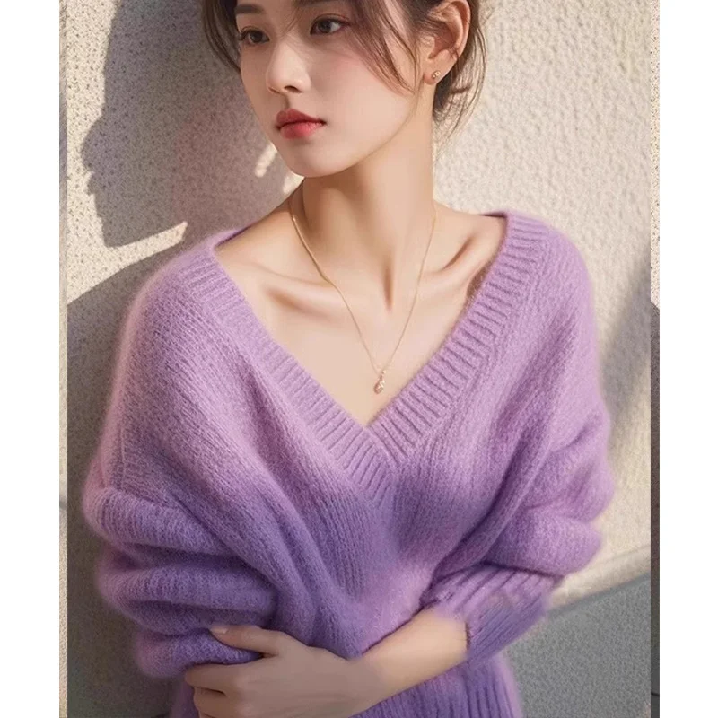 Women Clothes Purple Lazy Style Sweater V-neck Autumn Winter Chic Korean Fashion Loose Pullover Knitted Top
Women Clothes Purple Lazy Style Sweater V-neck Autumn Winter Chic Korean Fashion Loose Pullover Knitted Top