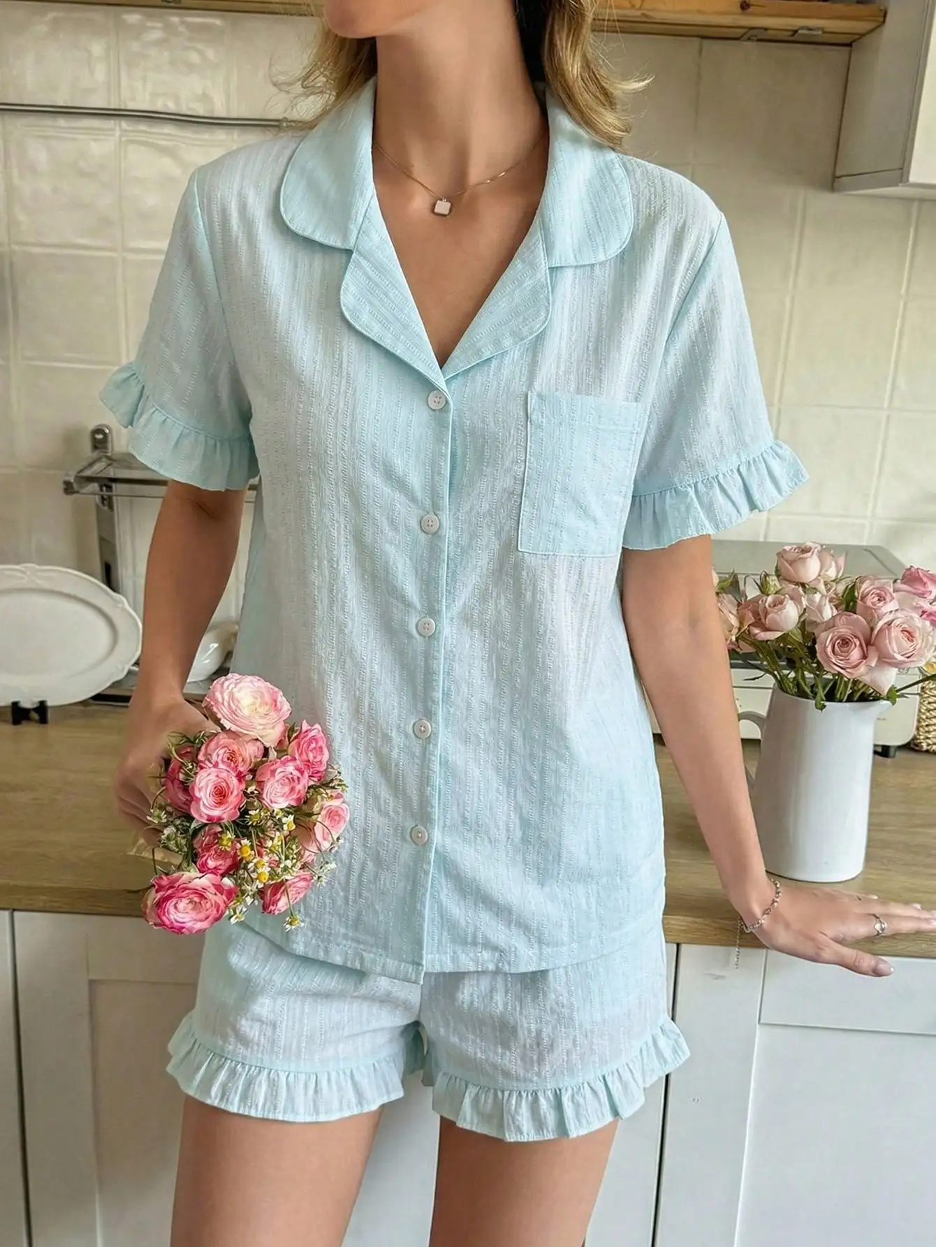 Snug Reverie Wave Striped Ruffle Sleeve Casual Short Sleeve & Shorts Pajama Set
Snug Reverie Wave Striped Ruffle Sleeve Casual Short Sleeve & Shorts Pajama Set