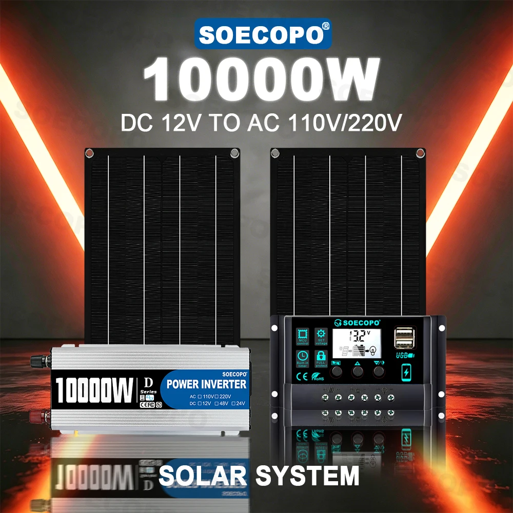 SOECOPO Fast Response 10000W High-Efficiency Solar Kit 2x800W Panels 100A Controller 12V to 110V 220V Inverter for lawn Boat RV
SOECOPO Fast Response 10000W High-Efficiency Solar Kit 2x800W Panels 100A Controller 12V to 110V 220V Inverter for lawn Boat RV