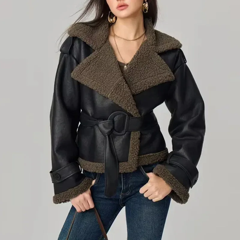 Waist Up Top 2025 Autumn and Winter New Women's Clothing Big Collar Spliced Leather Jacket
Waist Up Top 2025 Autumn and Winter New Women's Clothing Big Collar Spliced Leather Jacket