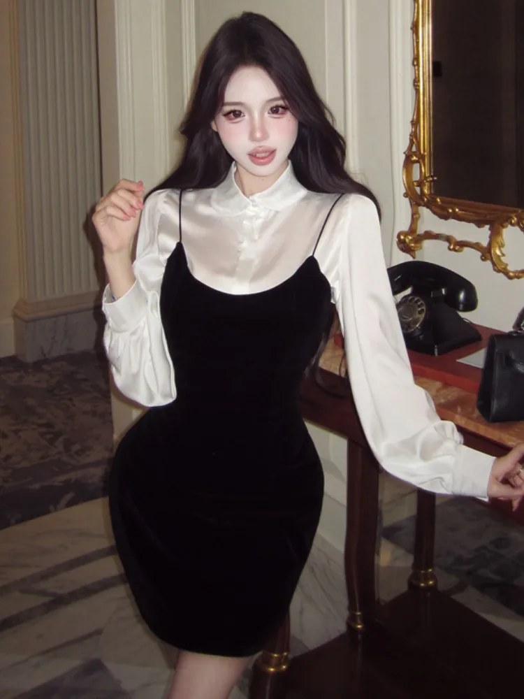 Elegant Doll Collar Shirt Women's Autumn Winter New Style Slimming Waist Belt Dress Two Piece Set Korean Style Commute Wear
Elegant Doll Collar Shirt Women's Autumn Winter New Style Slimming Waist Belt Dress Two Piece Set Korean Style Commute Wear