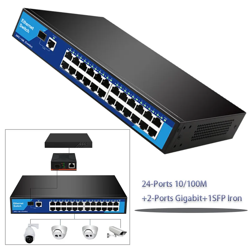 24-Port 10/100M +2-Port Gigabit+1SFP Iron Internet Splitter Game gigabit switch Ethernet Smart Network Switcher Adapter RJ45 Hub
24-Port 10/100M +2-Port Gigabit+1SFP Iron Internet Splitter Game gigabit switch Ethernet Smart Network Switcher Adapter RJ45 Hub
