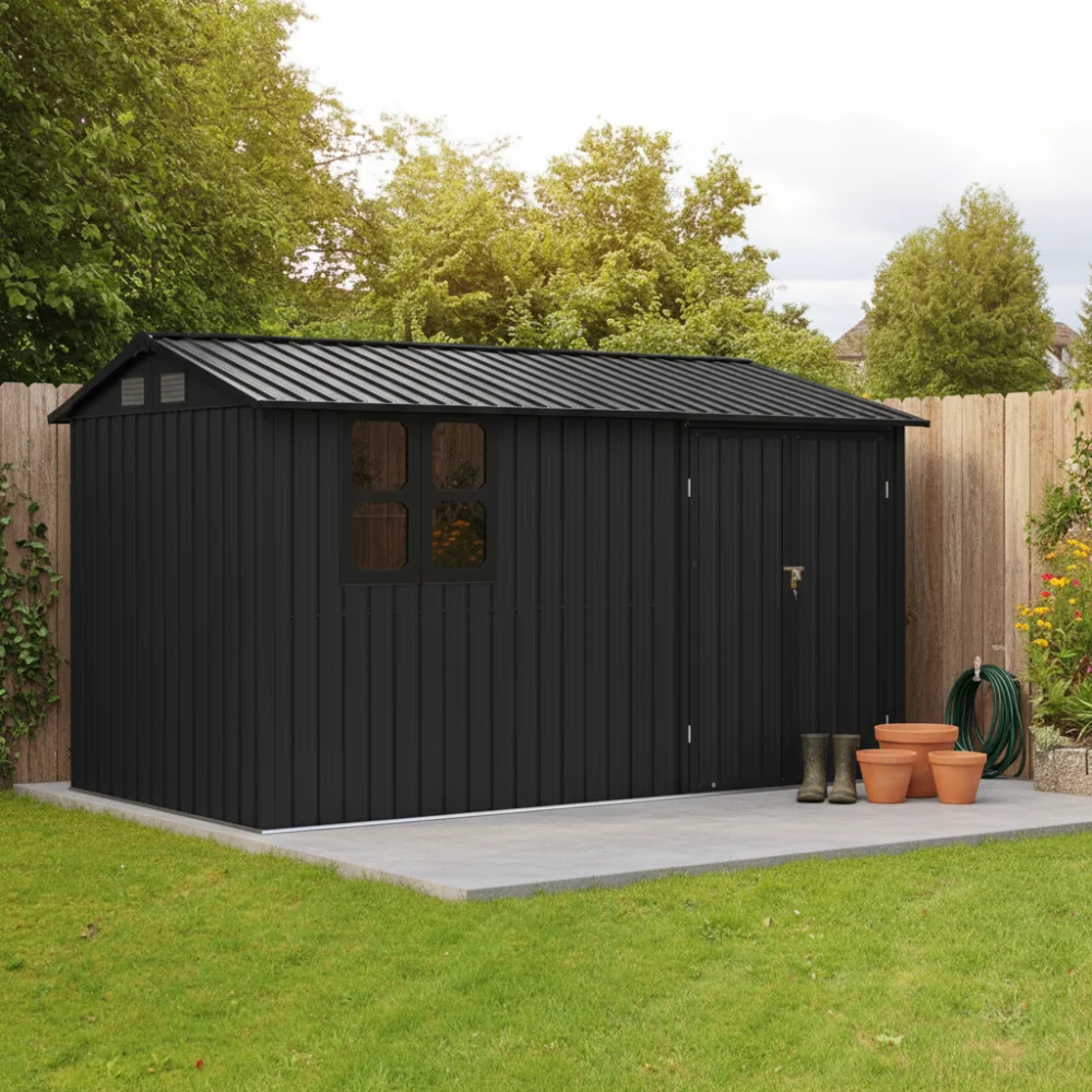 12x10 ft Metal garden sheds outdoor storage sheds black with window with Goods Shelves
12x10 ft Metal garden sheds outdoor storage sheds black with window with Goods Shelves
