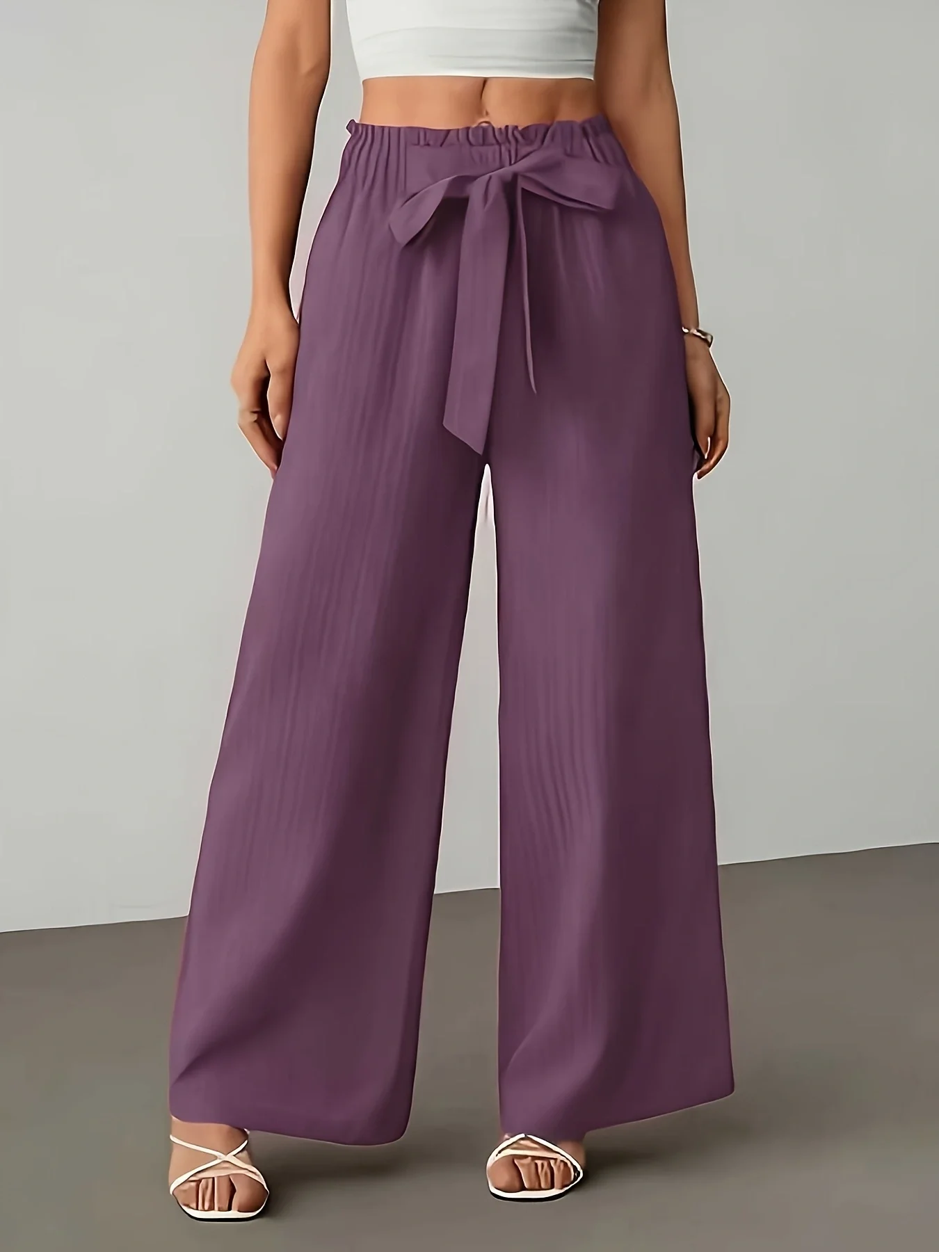 Purple Tie-Waist Wide-Leg Pants, Textured Crinkle Fabric, High-Waist Ruffle Edge Casual Trousers
Purple Tie-Waist Wide-Leg Pants, Textured Crinkle Fabric, High-Waist Ruffle Edge Casual Trousers