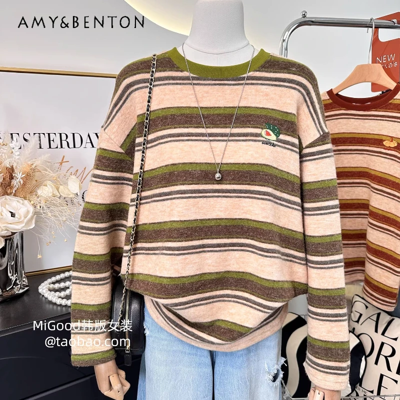 Soft And Comfortable Top T-shirt Winter Korean Style Versatile Striped Embroidered Pattern Loose Warm Bottoming Shirt Tees Women
Soft And Comfortable Top T-shirt Winter Korean Style Versatile Striped Embroidered Pattern Loose Warm Bottoming Shirt Tees Women