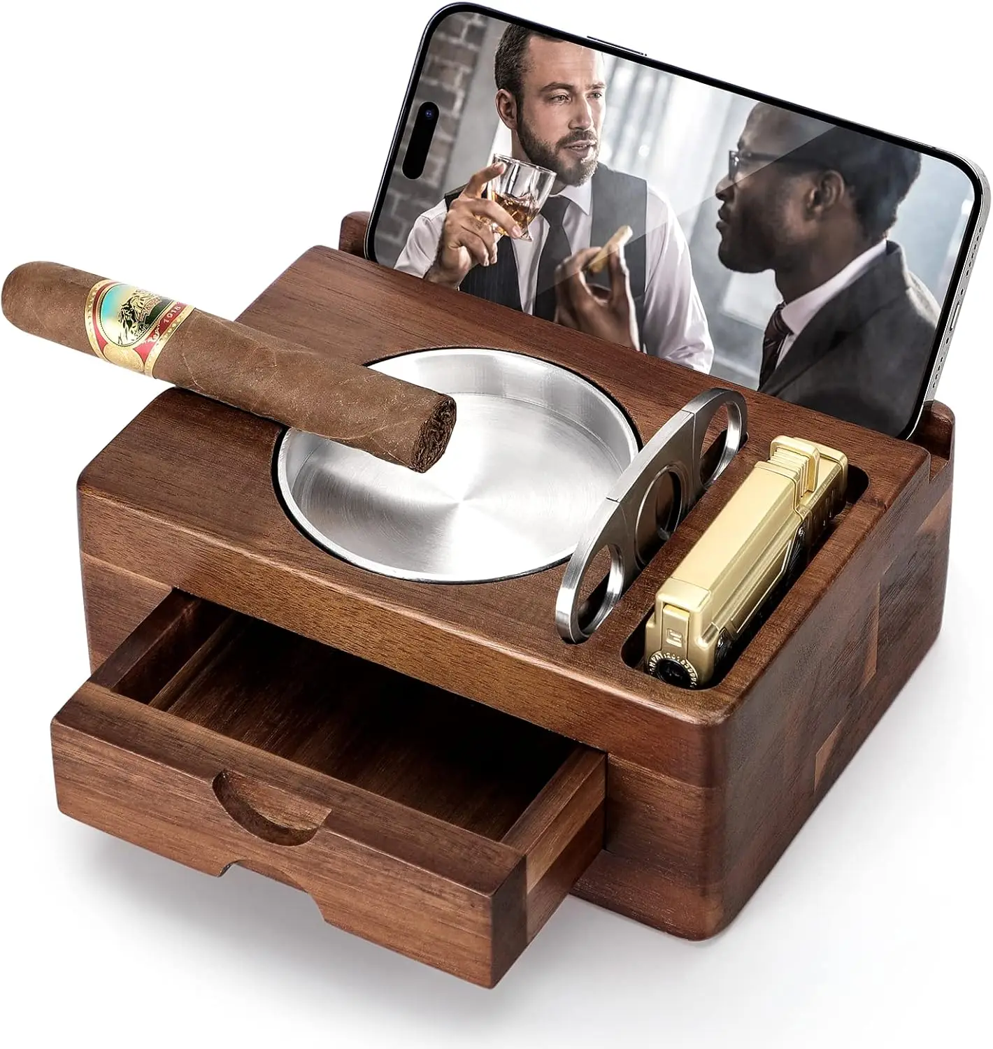 Wooden Cigar Ashtray with Cutter, Phone Holder, Drawer, Lighter Slot - Home Bar Gift for Men
Wooden Cigar Ashtray with Cutter, Phone Holder, Drawer, Lighter Slot - Home Bar Gift for Men