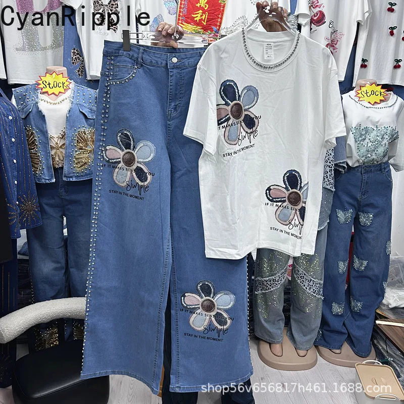 Fashionable Summer Women Sets Diamonds Round Neck Printed White Short Sleeve T-shirt Top + High Waist Blue Straight Denim Pants
Fashionable Summer Women Sets Diamonds Round Neck Printed White Short Sleeve T-shirt Top + High Waist Blue Straight Denim Pants