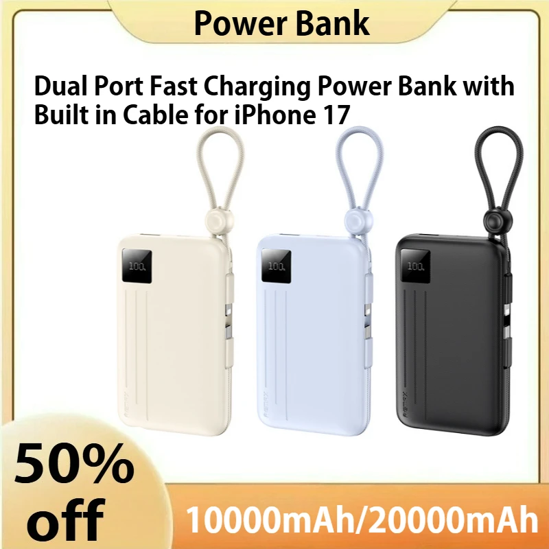 20000mAh 5V Dual Port Fast Charging Power Bank with Built in Cable for iPhone 17
20000mAh 5V Dual Port Fast Charging Power Bank with Built in Cable for iPhone 17