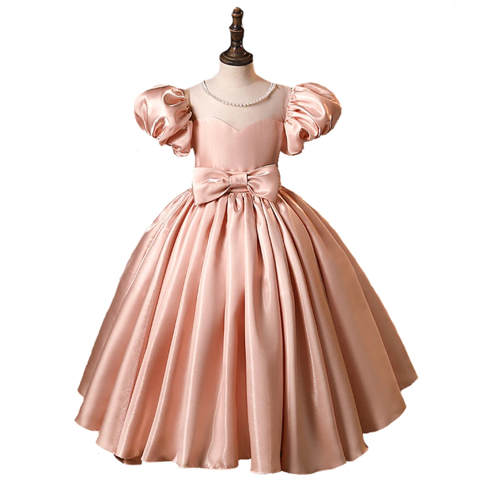 Pink Ruched Short Lantern Puff Sleeves Princess Flower Girl Dresses For Weddings With Bow Pearls O Neck First Communion Dresses
Pink Ruched Short Lantern Puff Sleeves Princess Flower Girl Dresses For Weddings With Bow Pearls O Neck First Communion Dresses