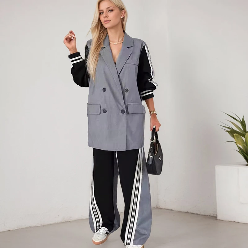 Striped Contrast Pants Suit For Women Spring Casual Double-breasted Lapel Long-sleeved Sport Coat Wide Leg Pants Two Piece Set
Striped Contrast Pants Suit For Women Spring Casual Double-breasted Lapel Long-sleeved Sport Coat Wide Leg Pants Two Piece Set