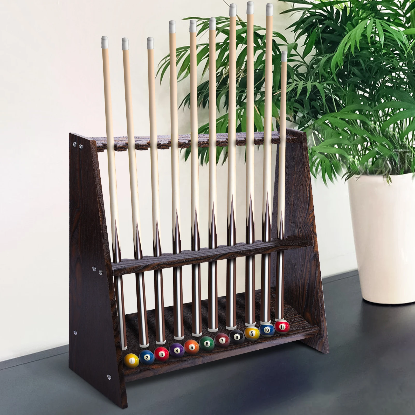 Retro Wood Grain 10-Hole Billiard Cue Rack Floor Mount Pool Stick Stand Holder for Indoor Billiard Room Club Business Venue
Retro Wood Grain 10-Hole Billiard Cue Rack Floor Mount Pool Stick Stand Holder for Indoor Billiard Room Club Business Venue