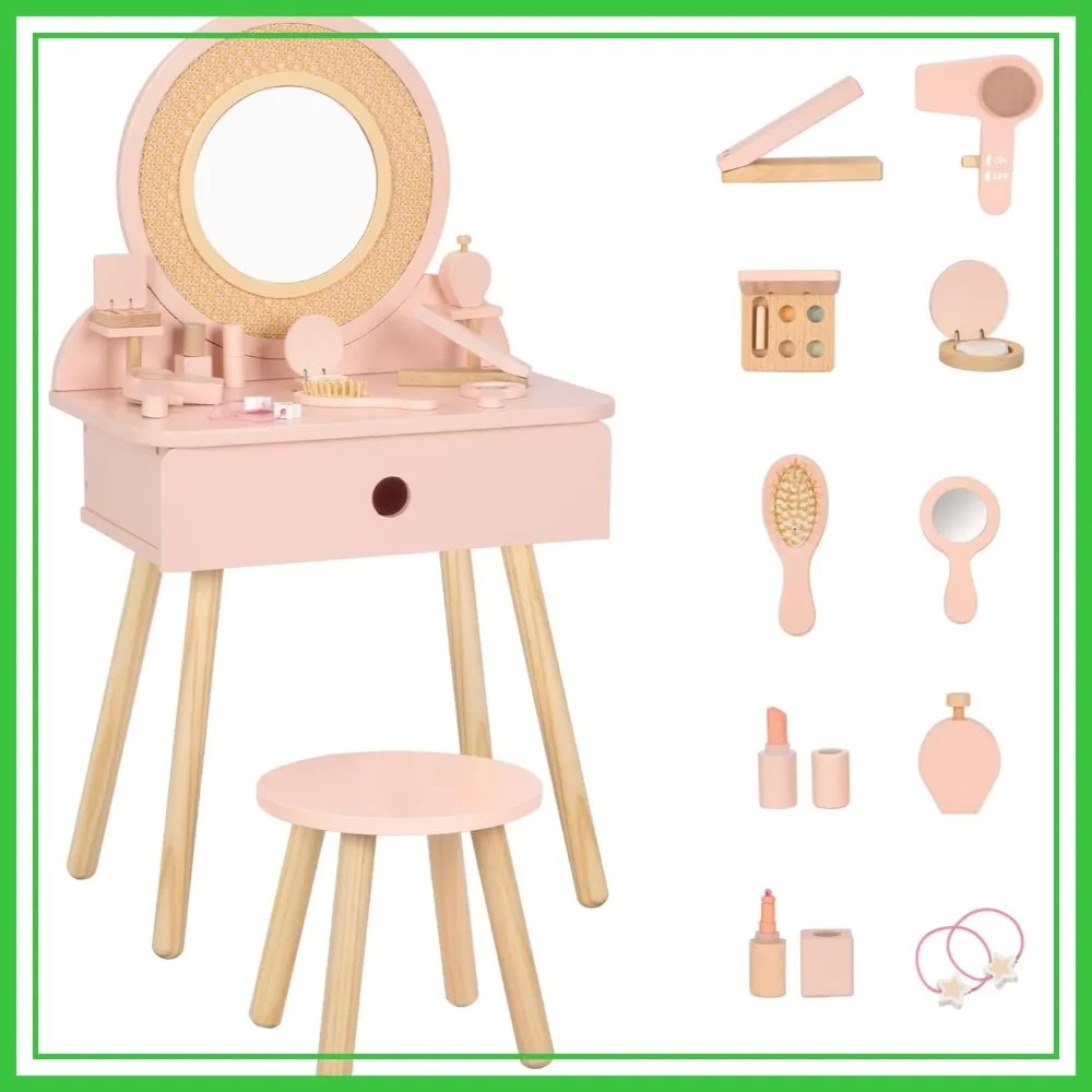 Kids Vanity Table and Chair Set, Pink Makeup Vanity with 11 Accessories, Pretend Play for Toddlers 3-5+
Kids Vanity Table and Chair Set, Pink Makeup Vanity with 11 Accessories, Pretend Play for Toddlers 3-5+