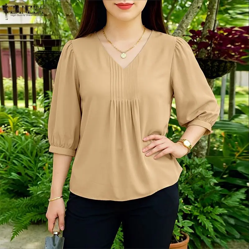 ZANZEA Summer Elegant 3/4 Lantern Sleeve Work Blouse Stylish Woman V Neck Tops Elegant Solid Color Pleated Shirt Mujer Femme
ZANZEA Summer Elegant 3/4 Lantern Sleeve Work Blouse Stylish Woman V Neck Tops Elegant Solid Color Pleated Shirt Mujer Femme