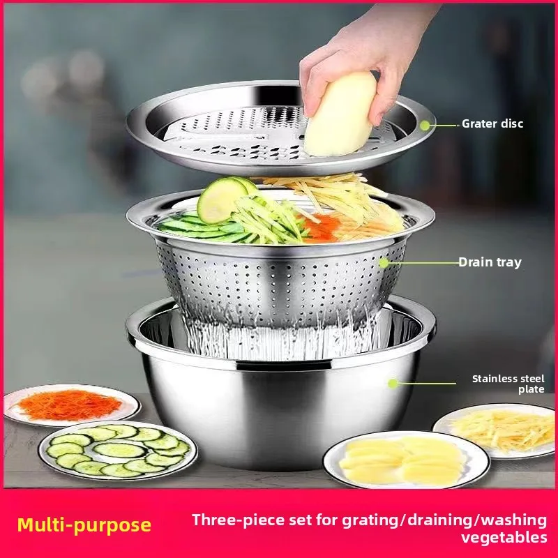 Multi-functional stainless steel basin 3 in 1 Kitchen Vegetable Slicer Set Steel Grater Drain Basket Draining Washing Tool
Multi-functional stainless steel basin 3 in 1 Kitchen Vegetable Slicer Set Steel Grater Drain Basket Draining Washing Tool