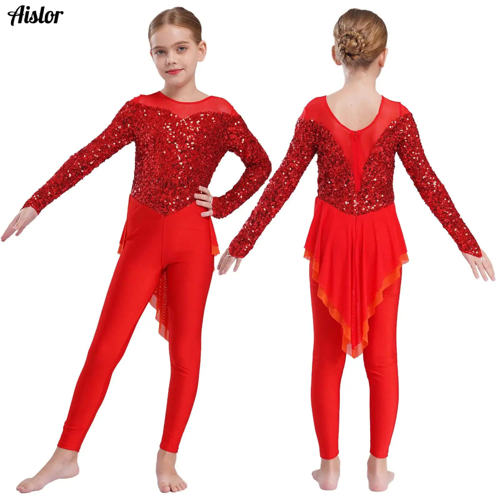 Kids Girls Sequins Gymnastics Jumpsuit Round Neck Long Sleeve Ankle Length Leotard Skirted Bodysuit for Jazz Dance Competition
Kids Girls Sequins Gymnastics Jumpsuit Round Neck Long Sleeve Ankle Length Leotard Skirted Bodysuit for Jazz Dance Competition