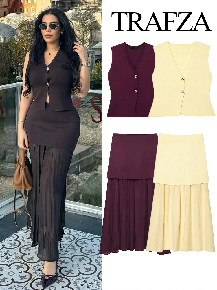 TRAFZA Women's Fashion V-Neck Single Breasted Slim Knitted Sleeveless Vest+Chic Elegant High Waist Side Zipper Party Skirt Suit
TRAFZA Women's Fashion V-Neck Single Breasted Slim Knitted Sleeveless Vest+Chic Elegant High Waist Side Zipper Party Skirt Suit
