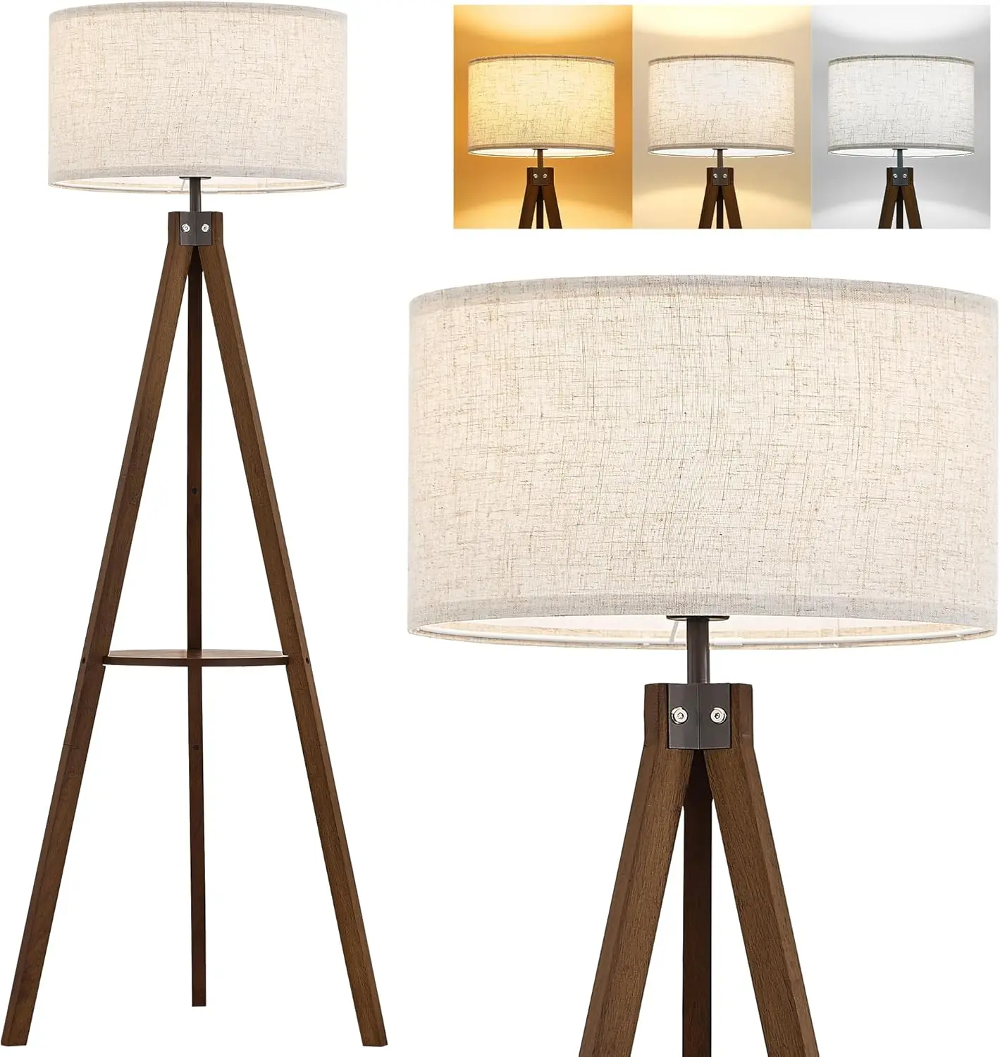 Mid Century Tripod Floor Lamp with Shelf, 3-Color LED Bulb Included, Dark Brown Wood & Linen Shade for Living Room
Mid Century Tripod Floor Lamp with Shelf, 3-Color LED Bulb Included, Dark Brown Wood & Linen Shade for Living Room