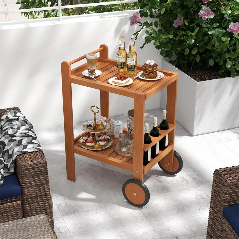 2 Tier Rolling Serving Cart with Wine Bottle Holders and 2 Rubber Wheels
2 Tier Rolling Serving Cart with Wine Bottle Holders and 2 Rubber Wheels