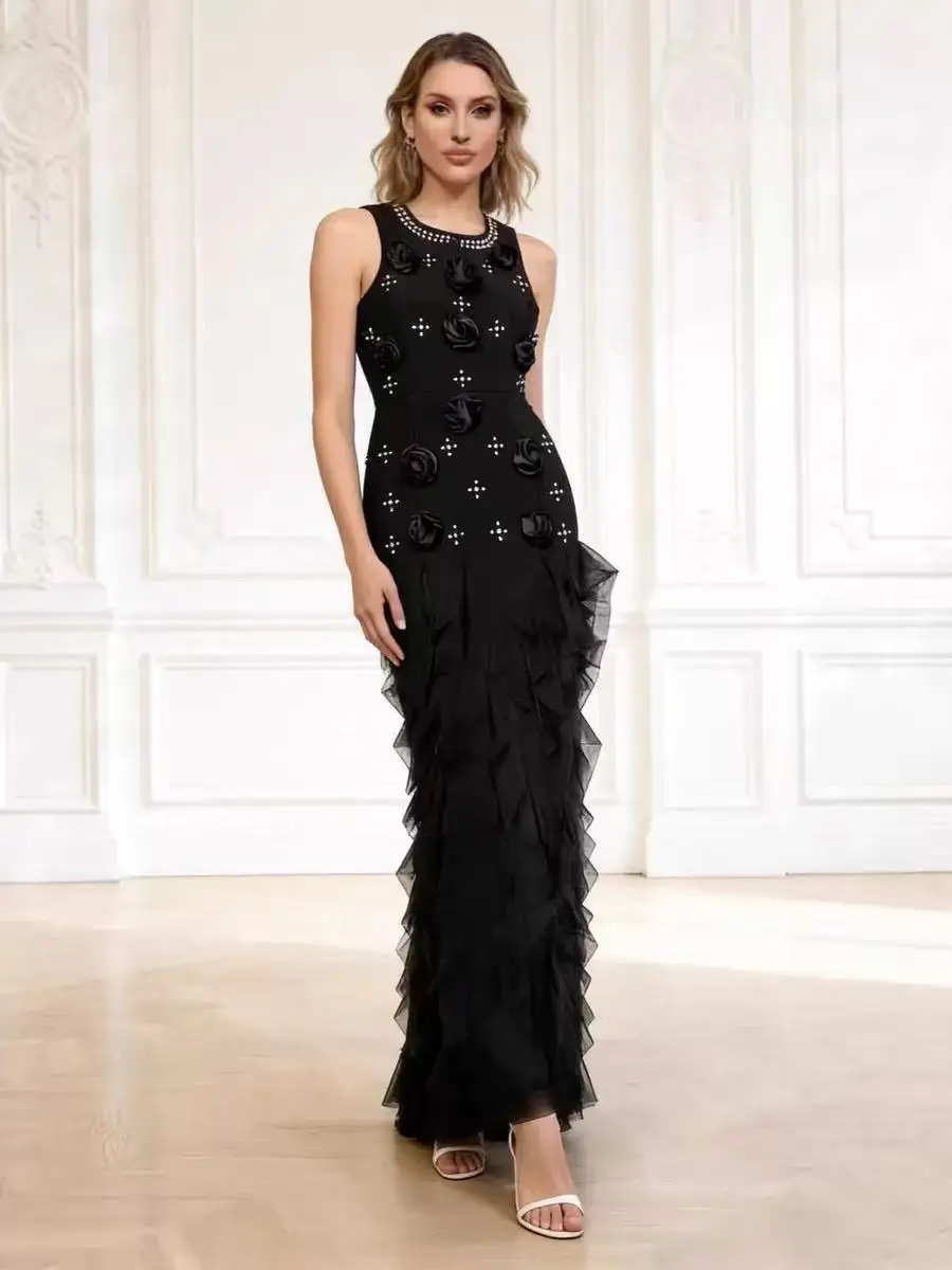 High-quality Summer Women's New Black Round Neck Sleeveless Rhinestone 3D Floral Mesh Splice Slim Long Bandage Dress
High-quality Summer Women's New Black Round Neck Sleeveless Rhinestone 3D Floral Mesh Splice Slim Long Bandage Dress