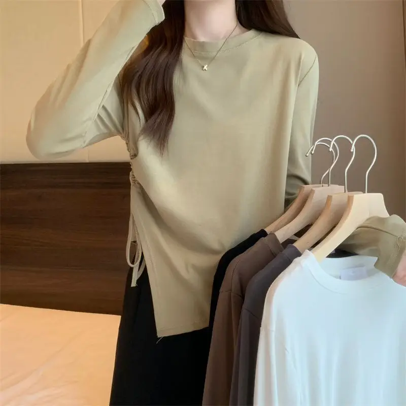 Irregular Stylish Drawstring T-shirt Female Clothing Solid Color Slim Spring Autumn Round Neck All-match Long Sleeve Pullovers
Irregular Stylish Drawstring T-shirt Female Clothing Solid Color Slim Spring Autumn Round Neck All-match Long Sleeve Pullovers