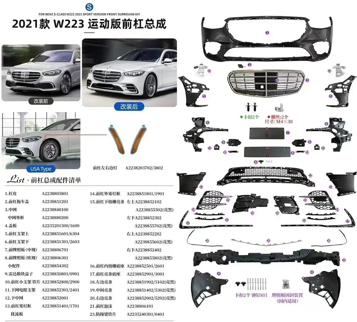 Комплект кузова автомобиля, передний бампер в сборе, объемная решетка, крышка противотуманной фары для Mercedes-Benz W223 
Комплект кузова автомобиля, передний бампер в сборе, объемная решетка, крышка противотуманной фары для Mercedes-Benz W223
