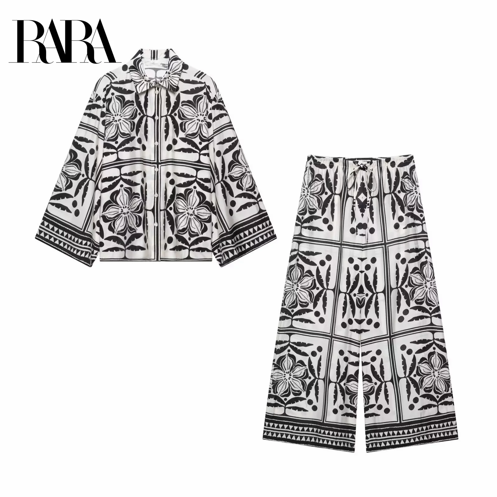 RARA Womens Lapel Collar Long Sleeve Casual Printed Shirt and Drawstring Mid Length Wide Leg Pants Set - Loungewear
RARA Womens Lapel Collar Long Sleeve Casual Printed Shirt and Drawstring Mid Length Wide Leg Pants Set - Loungewear