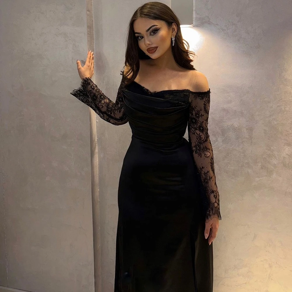 Customized Black Boat Neck Satin Evening Dress ILLUSION Lace Full Sleeves Party Gown WIth Split Straight Floor Length Prom Dress
Customized Black Boat Neck Satin Evening Dress ILLUSION Lace Full Sleeves Party Gown WIth Split Straight Floor Length Prom Dress