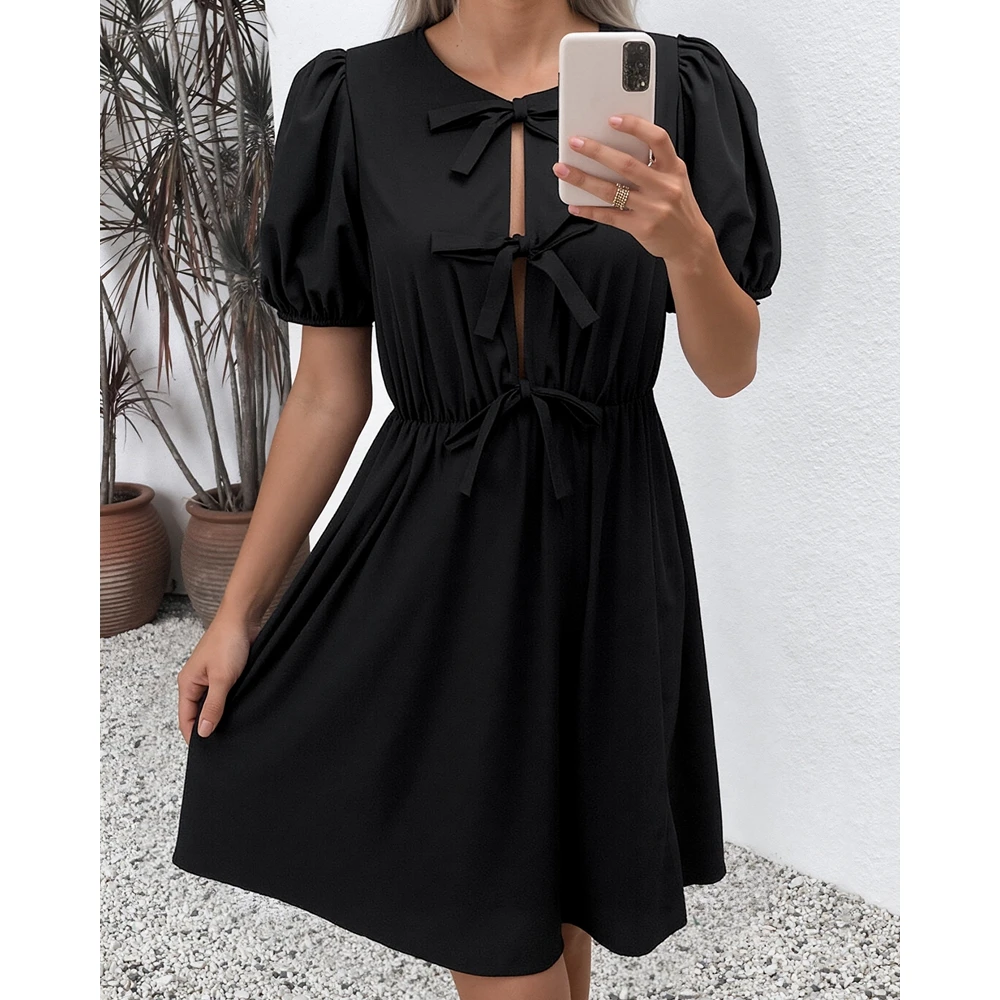 Women's Bowknot Tie-Belt Round Neck Ruched Elastic Waist Dress Lantern Sleeve Loose Fit Summer Short Dress
Women's Bowknot Tie-Belt Round Neck Ruched Elastic Waist Dress Lantern Sleeve Loose Fit Summer Short Dress