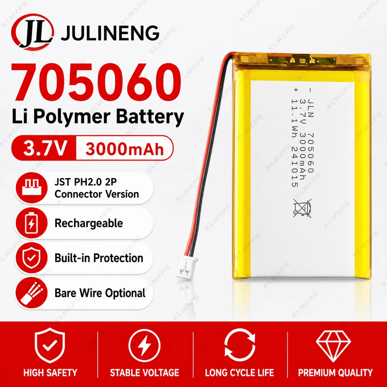 705060 Li Polymer Battery 3.7V 3000mAh Rechargeable Battery Bare Wire JST PH2.0 2P for Bluetooth Portable Devices
705060 Li Polymer Battery 3.7V 3000mAh Rechargeable Battery Bare Wire JST PH2.0 2P for Bluetooth Portable Devices