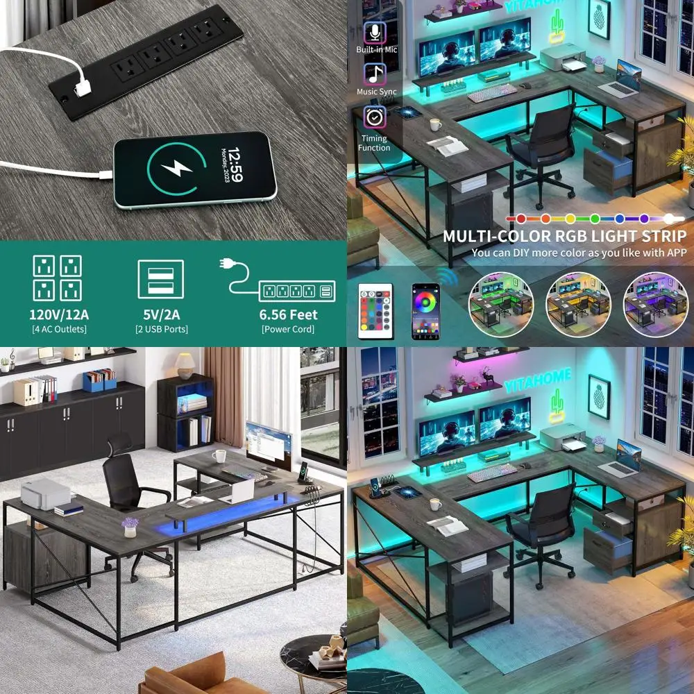 79 Reversible L-Shaped Office Desk with Power Outlets, LED Lights, Monitor Stand, and Storage Shelves, Grey
79 Reversible L-Shaped Office Desk with Power Outlets, LED Lights, Monitor Stand, and Storage Shelves, Grey