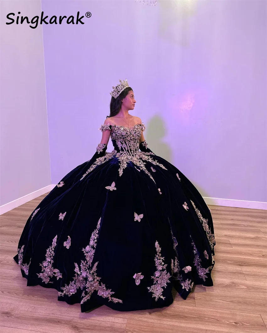 Navy Blue Quinceanera Dress With Two Gloves Sweet 16 Dress Butterfly Golden Appliques Crystals Vestidos De 15 Años Customized
Navy Blue Quinceanera Dress With Two Gloves Sweet 16 Dress Butterfly Golden Appliques Crystals Vestidos De 15 Años Customized