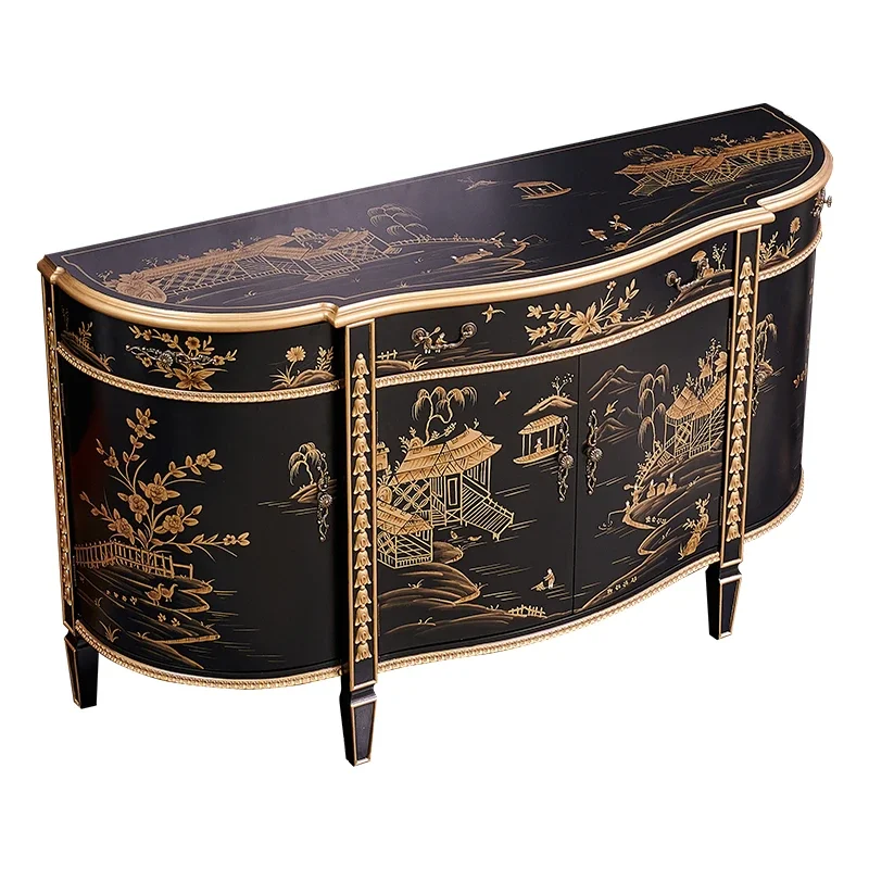 Solid Wood Hand-Painted Black Gold Villa Semi-round Entrance Foyer Curio Cabinet
Solid Wood Hand-Painted Black Gold Villa Semi-round Entrance Foyer Curio Cabinet