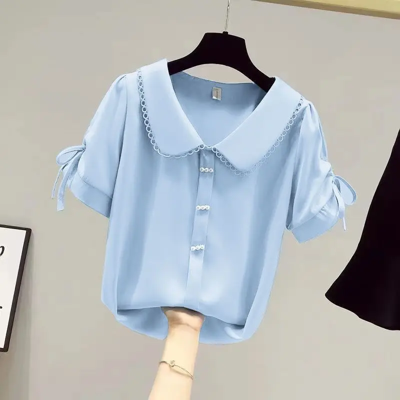 Summer Women's ort Sve Chiffon irt Tie Waist Doll Collar Large Size Faionable Youthful Sle Korean Straight Cut
Summer Women's ort Sve Chiffon irt Tie Waist Doll Collar Large Size Faionable Youthful Sle Korean Straight Cut