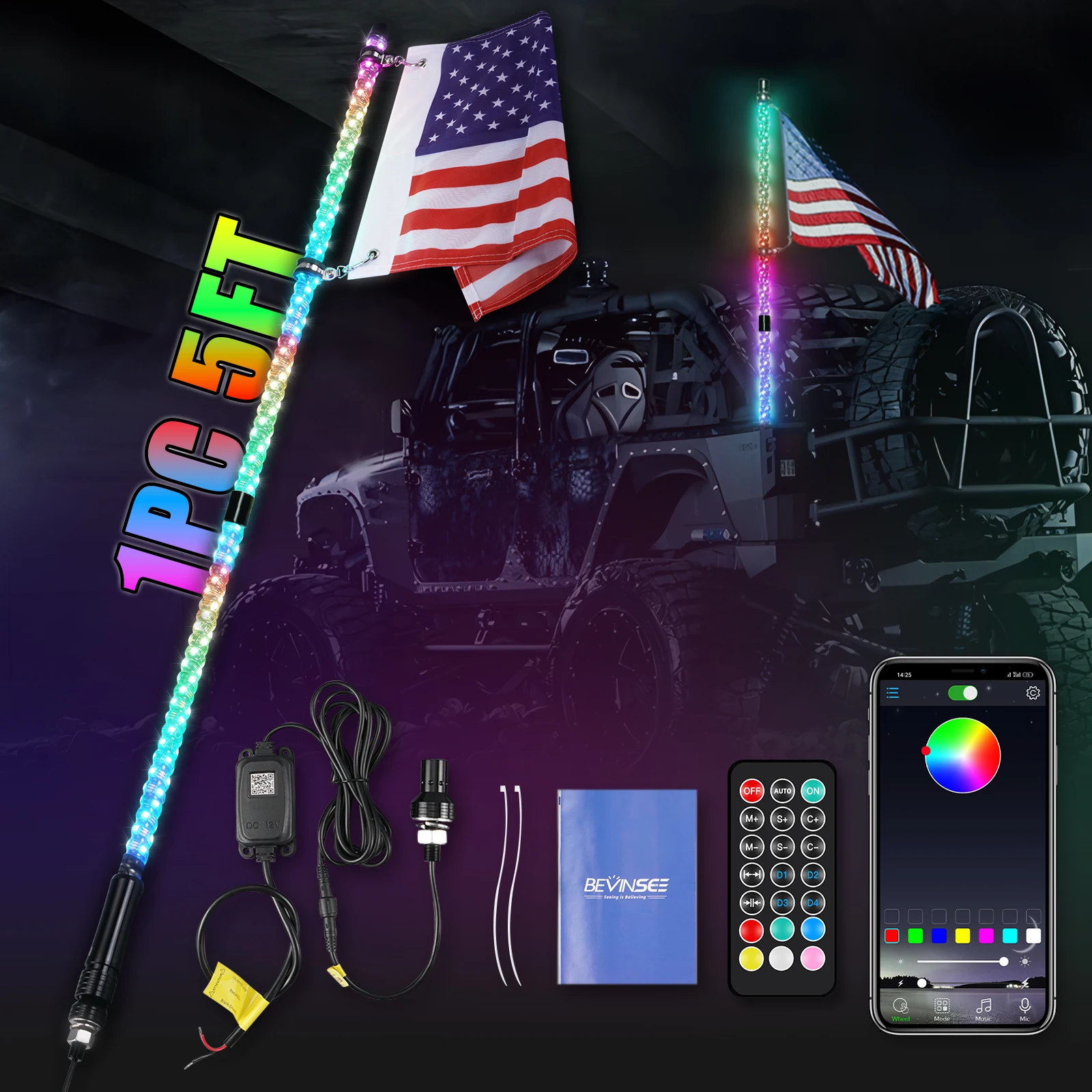 BEVINSEE 5FT LED Flexible Whip Light Chasing Color Bluetooth Remote Control Flagpole Lamp for Polaris RZR for Can-Am Maverick X3
BEVINSEE 5FT LED Flexible Whip Light Chasing Color Bluetooth Remote Control Flagpole Lamp for Polaris RZR for Can-Am Maverick X3