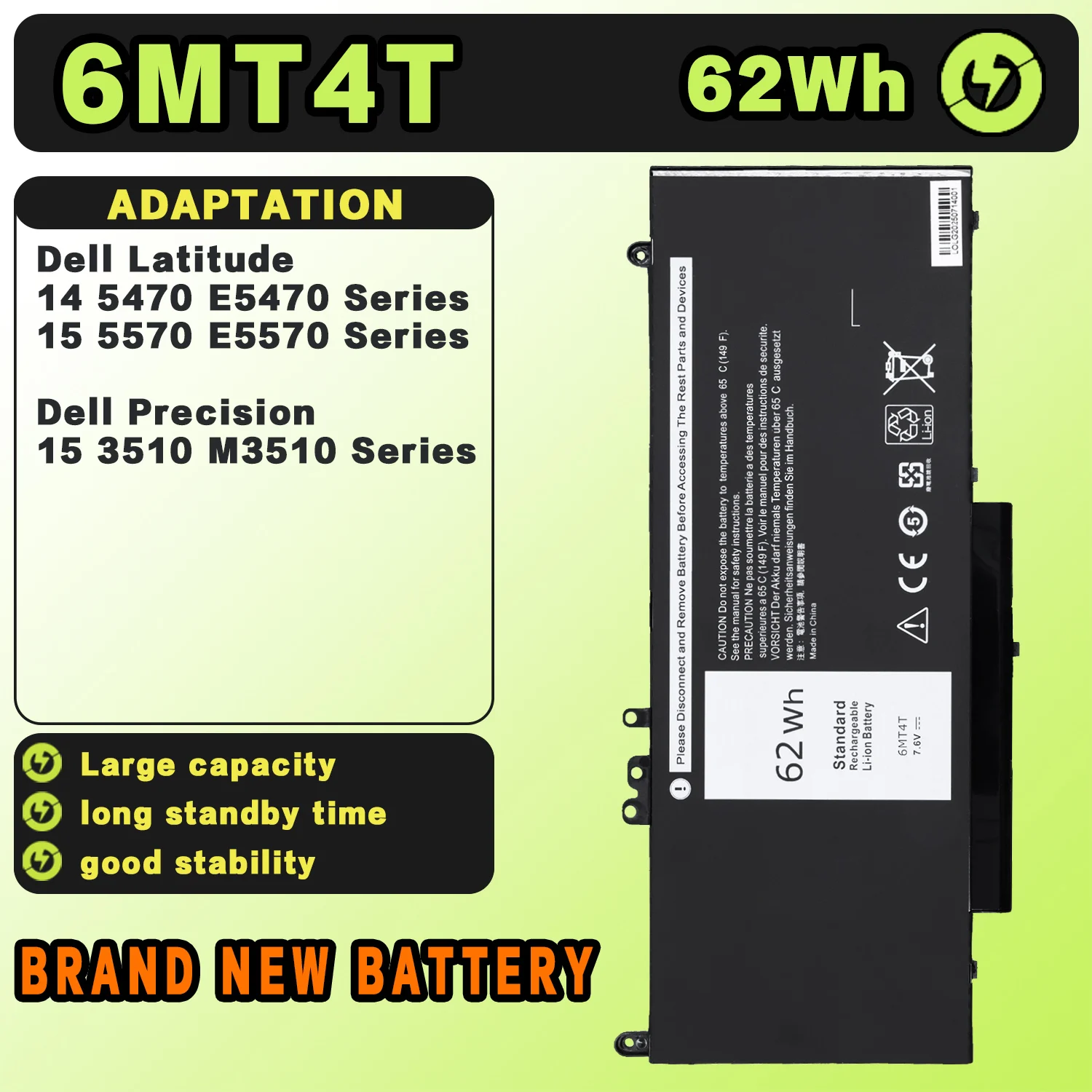 SAT Laptop Battery for DELL 7.6V 62WH 6MT4T Latitude E5470 E5570 M3510 15.6" Sereis TXF9M 79VRK 07V69Y 7V69Y Free Tools
SAT Laptop Battery for DELL 7.6V 62WH 6MT4T Latitude E5470 E5570 M3510 15.6" Sereis TXF9M 79VRK 07V69Y 7V69Y Free Tools